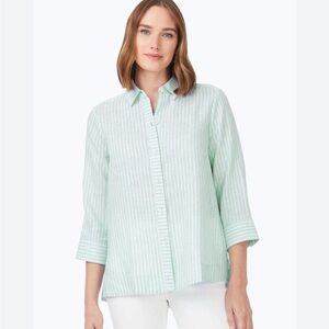 Foxcroft Harley summer 100% Linen 3/4 sleeve Shirt Green white stripe Sz 2